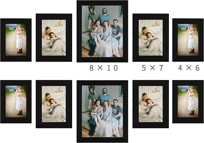 LUCKYLIFE Picture Frame Set 10-Pack, Gallery Wall Frame Collage with 8x10 5x7 4x6 Black Frames