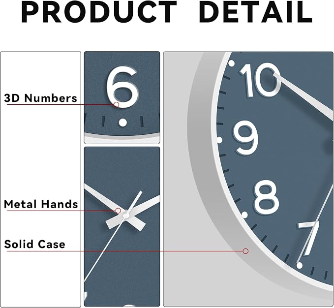 Roymnie 8 Inch Wall Clock, Battery Operated Silent Non Ticking Analog | Azure Blue modern analog; large 3D easy-read dial for kitchen, office, bathroom & bedroom; 1 AA battery (not included)