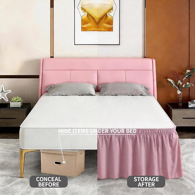 ANARACHON Queen Bed Skirt, Elastic Wrap Around Bed Skirt Queen Size, Bed Skirts for Adjustable Bed, Easy Fit with 18" Drop Length Tailored Drop Dust Ruffle (Pink)