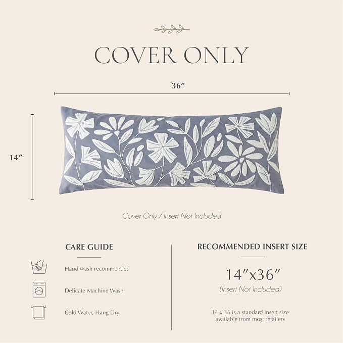 BlissBlush Long Lumbar Pillow Cover 14x36 for Bed, Coastal Dusty Blue Floral Tufted Velvet Accent Oversize Throw Pillowcase for Bedroom, Cover Only