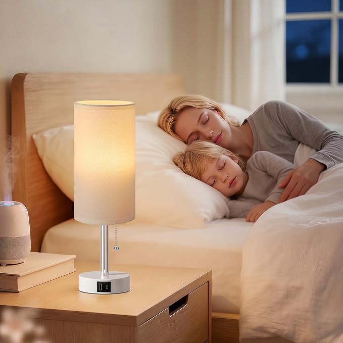 White Bedside Table Lamp for Bedroom - Small Nightstand Lamp for Girls