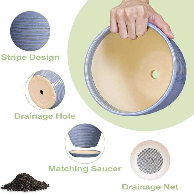6 Inch Ceramic Pots for Plants - Ceramic Plant Pots with Drainage Hole and Saucer, Flower Pot for Indoor Plants, Round Modern Planter, Apartment Decor, Housewarming Gifts, Blue-Purple