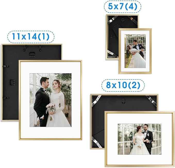 Golden State Art 7 Pack Aluminum Frames, Includes 5x7 8x10 11x11, Gold | Shatter-resistant Glass, Assorted Sizes: One 11x14, Two 8x10, Four 5x7, Horizontal/Vertical Wall Mount & Tabletop Display
