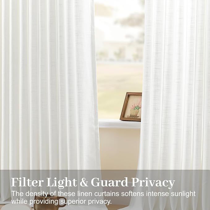 90 Inch Pinch Pleated Sheer Linen Blend White Curtains for Living Room | Light Filtering, Bedroom, Semi Sheer, Pinch Pleat, Hook Rings, Non See Through, Memory Shape, Snow White, W40xL90, 2 Panel