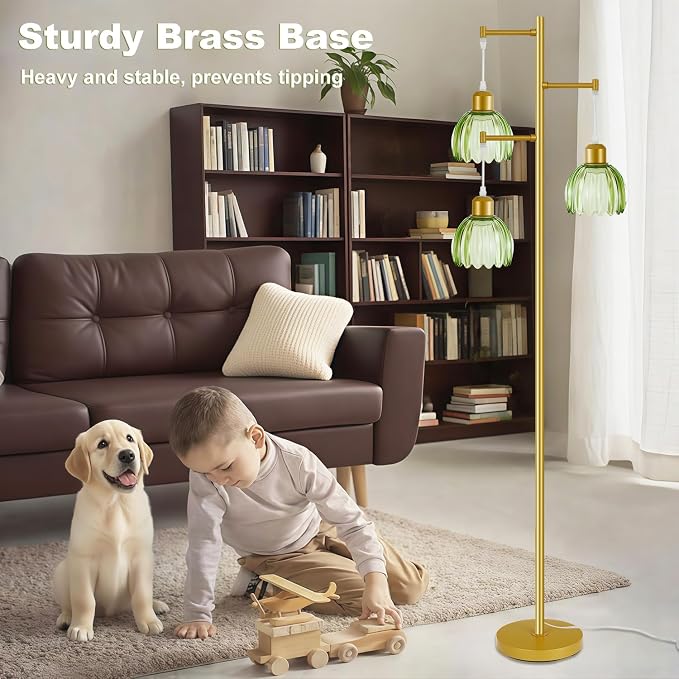 Tree Floor Lamp with 3 Light Bulbs, Vintage 3 Heads Flower Floor Lamp, Tall Gold Vintage Lamps with Brass Base Foot Switch, Boho Standing Lamps for Living Room with Green Glass Flower Shades