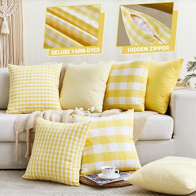 Light Yellow Buffalo Check Summer Plaid Throw Pillow Covers 18x18 Set of 4 | Summer Decorative Pillow Covers 18 x 18 Set of 4, Yellow Room Decor Pillows for Couch Bed,Striped Gingham Buffalo Check Plaid