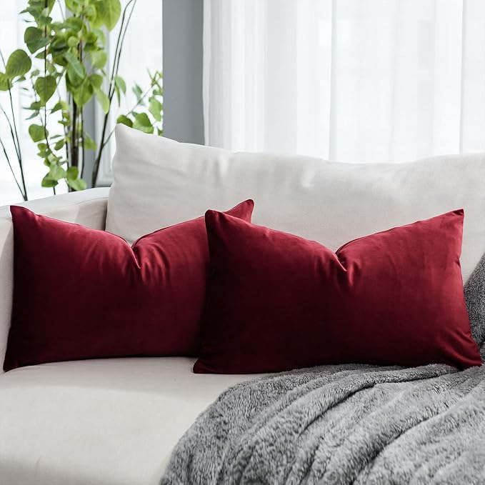 Red Wine Christmas Decorative Lumbar Velvet Throw Pillow Covers 12x20 inch Set of 2 with Zipper Luxury Soft Solid Rectangle Cushion Covers Case for Sofa Couch Bed Living Room