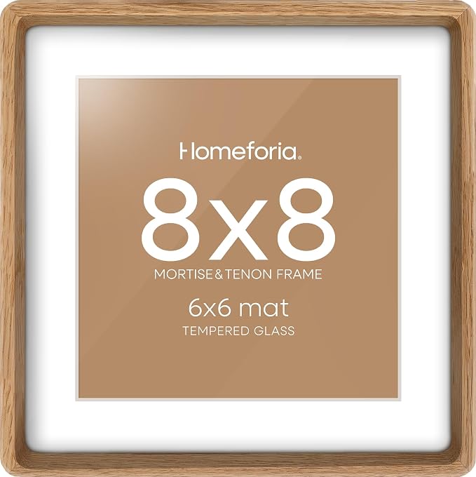 Homeforia 8x8 Mortise&Tenon Natural Oak Picture Frame, 6x6 Mat, Glass