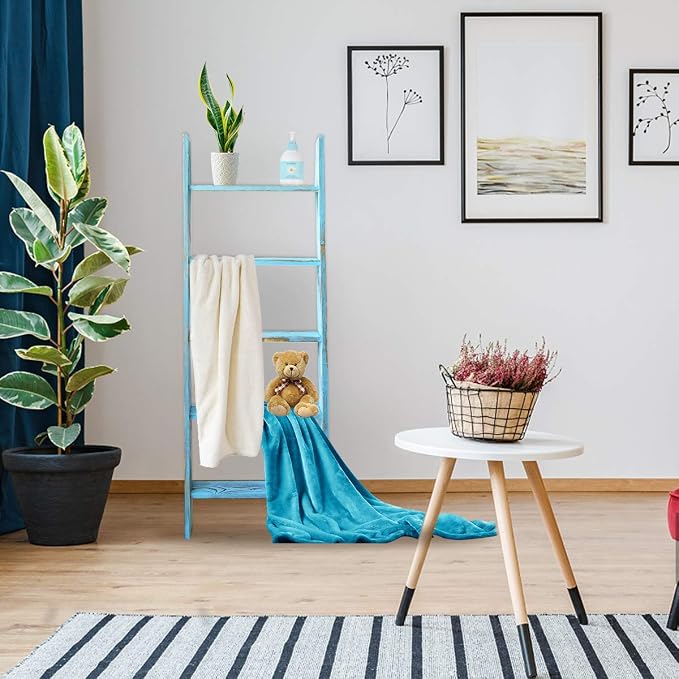 Honest Blanket Ladders for the Living Room, 5-Tier Blanket Holder, Wall-Leaning Blanket Rack, Ladder Shelves, Wooden Quilt Ladder, Farmhouse Decor, Blue