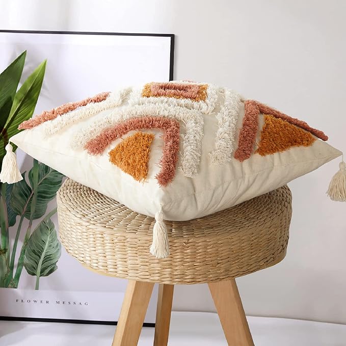Merrycolor Boho Throw Pillow Covers 18x18 with Tassels, Decorative Pillow Covers Woven Tufted Bohemian Pillow Covers for Couch Sofa Bedroom Living Room