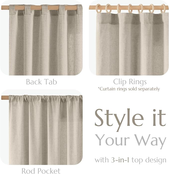 jinchan Linen Curtains Light Filtering Back Tab 50x84 Inch 2 Panels | Semi Sheer Curtains 84 inch length for Bedroom Living Room, Modern Farmhouse Drapes with Rod Pocket, Natural Boho Curtains