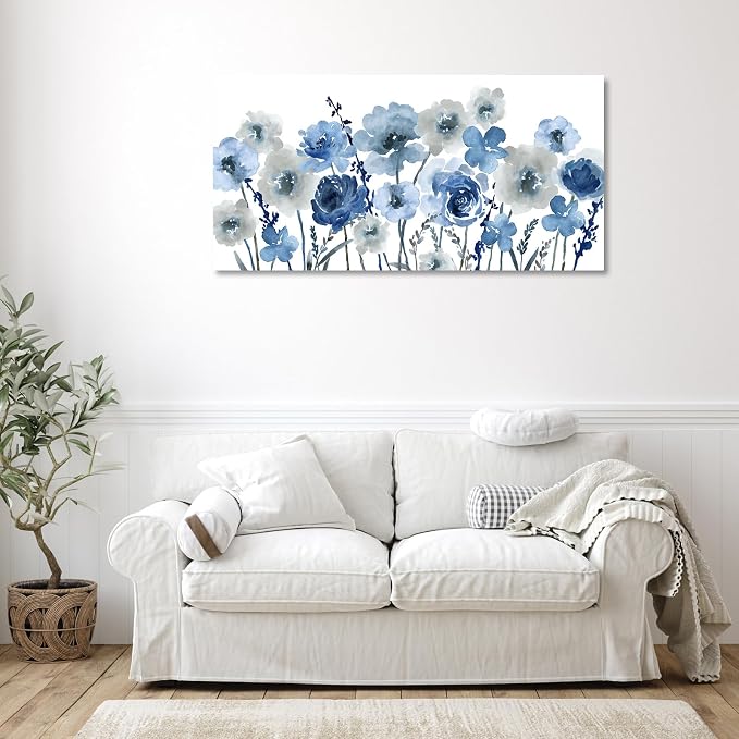 VEAEE Flowers Canvas Wall Art - Indigo Floral Canvas Pictures Living Room Wall Decor Botanical Canvas Prints Painting Abstract Artwork Bedroom Office Home Decor 20"x 40"