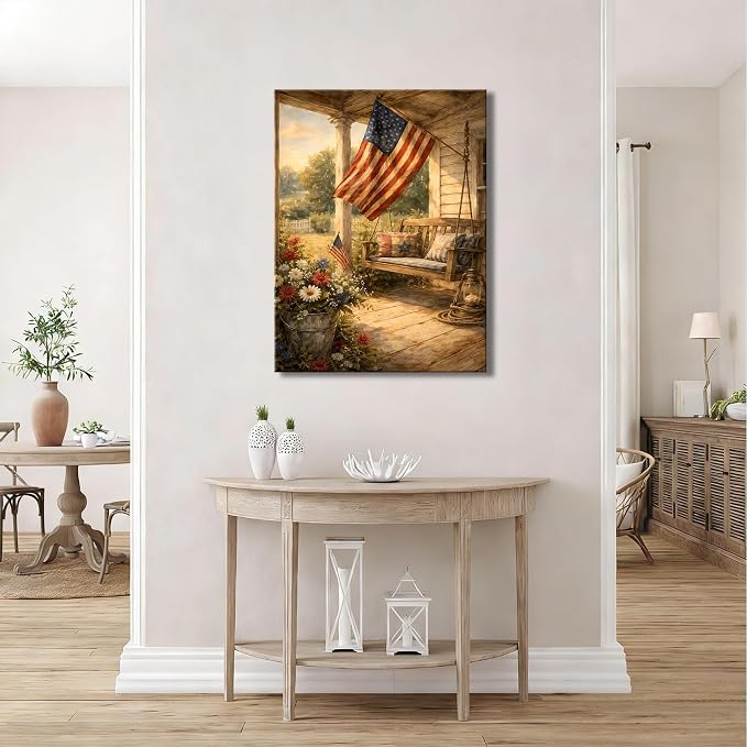 RIBNTAK Americana Canvas Wall Art, Vintage USA Flag Porch Swing Pictures Rustic Patriotic Artwork for Farmhouse Decor, Cozy Independence Day Decorations for Living Room Entryway Bedroom