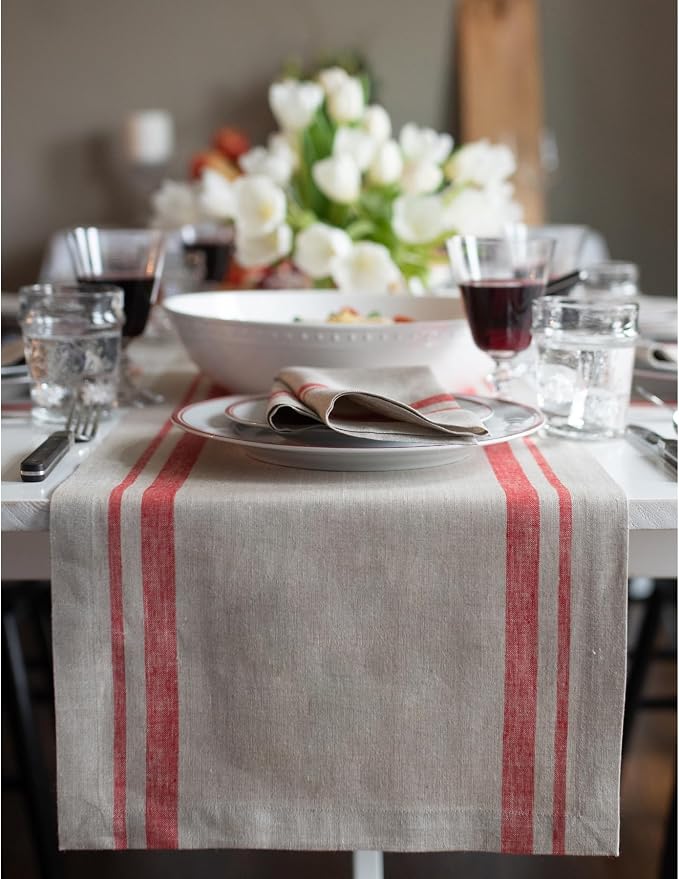 Solino Home 100% Pure Linen Table Runner, 14 x 120 in, Red, French Stripe | a graceful centrepiece for dining and gatherings, woven stripe, European flax fibres, machine washable, OEKO-TEX Certified