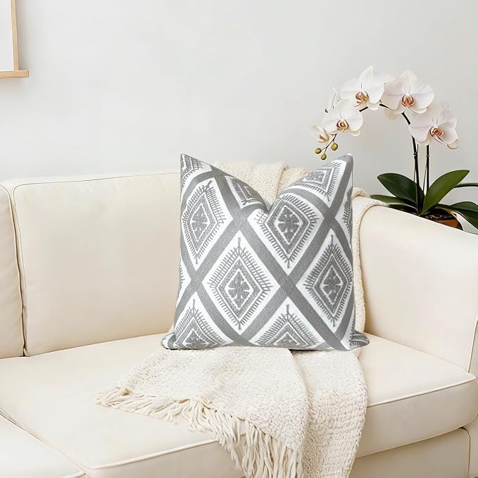 Slow Cow Embroidery Throw Pillow Cover Decorative Cushion Cover 20 x 20 Inch Grey