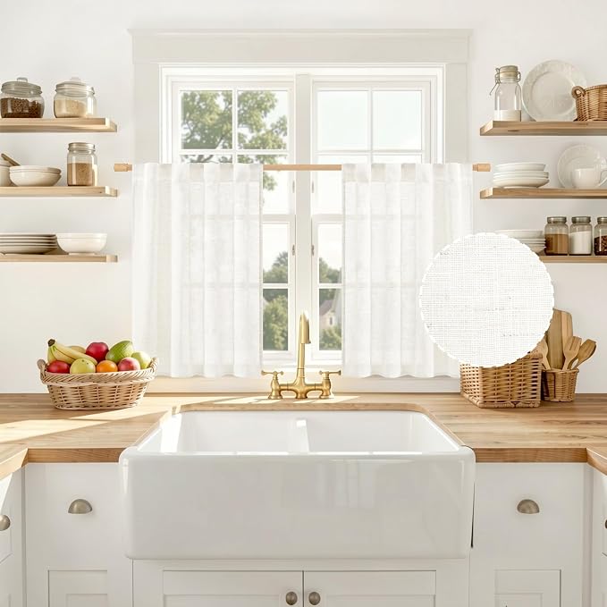 Short Linen Cafe Kitchen Curtains 30 Inch Length, Ivory Cream | Semi Sheer Light Filtering Panels, Neutral, Curtains for Small Window, Basement, Back Tab Rod Pocket, 2 Panels, 34 x 30 Inch