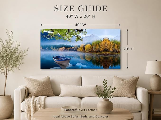Arjun Lake Canvas Wall Art Landscape Blue Boat Painting Framed Large 40x20 | Wall Art for Living Room Picture Bedroom Nature Mountain Artwork Modern Nature Scenery Home Office Dining Room Wall Decor