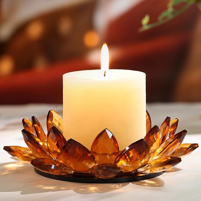 Crystal Lotus Candle Holders for Pillar Candle Amber Decorative Candle Dish