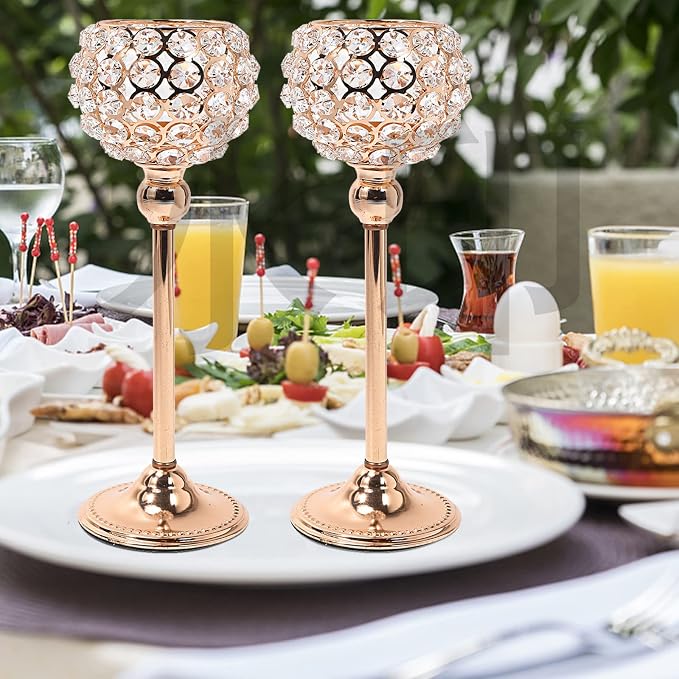 Crystal Candle Holders for Table Centerpiece Tealight Candle Holder Dining Table Centerpiece Table Decorations Christmas Wedding Table Decor Home Décor Housewarming Gifts for Women (Gold, 2pcs 12")
