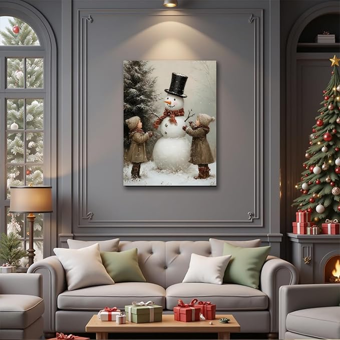 Framed Christmas Decoration 16x24 inch, Vintage Christmas Snowman Boys Xmas Wall Art Prints, Vintage Christmas Pictures Artwork, Farmhouse Christmas Wall Decor for Home Indoor