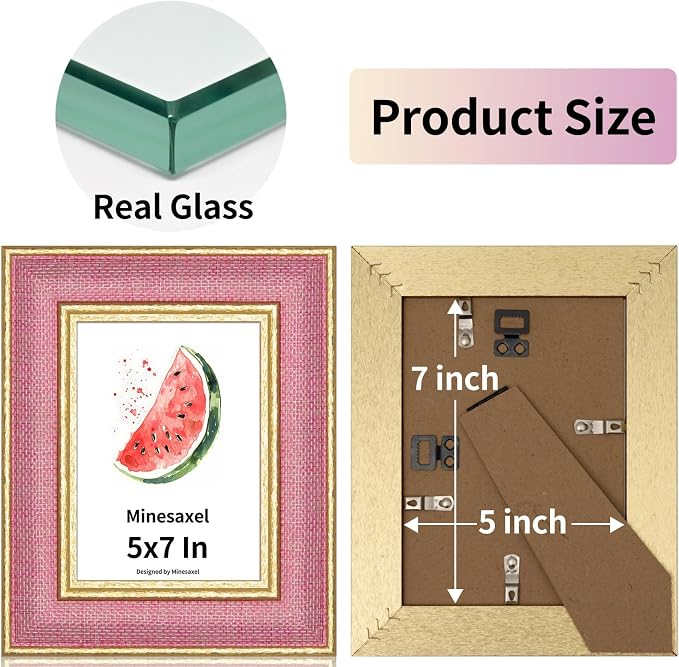 5x7 Picture Frame - Soft Pink Fabric & Vintage Gold Border HD Real Glass with Easel for Tabletop/Wall (Family Photos, Nursery Decor 4 Pack)
