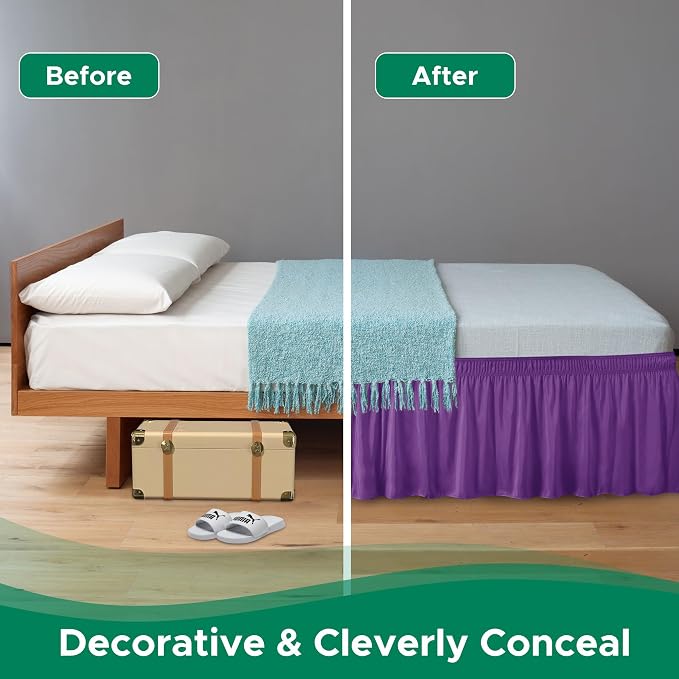 Wrap Around Bed Skirt King Size 15 Inch Drop-Elastic Dust Ruffle Eggplant | Adjustable Pleated Bedskirt-Easy Fit Wrinkle Resistant Washable Hotel Quality Fabric Bed Skirting-Master Guest Bedroom Rental