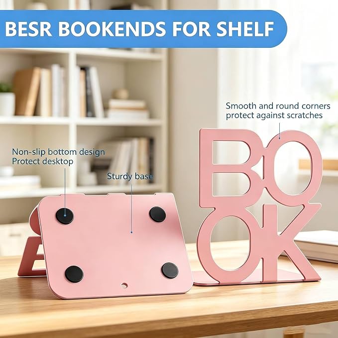 Book Ends-Metal BookEnds for Bookrack Desk,Books(Pink, 8 Pair)