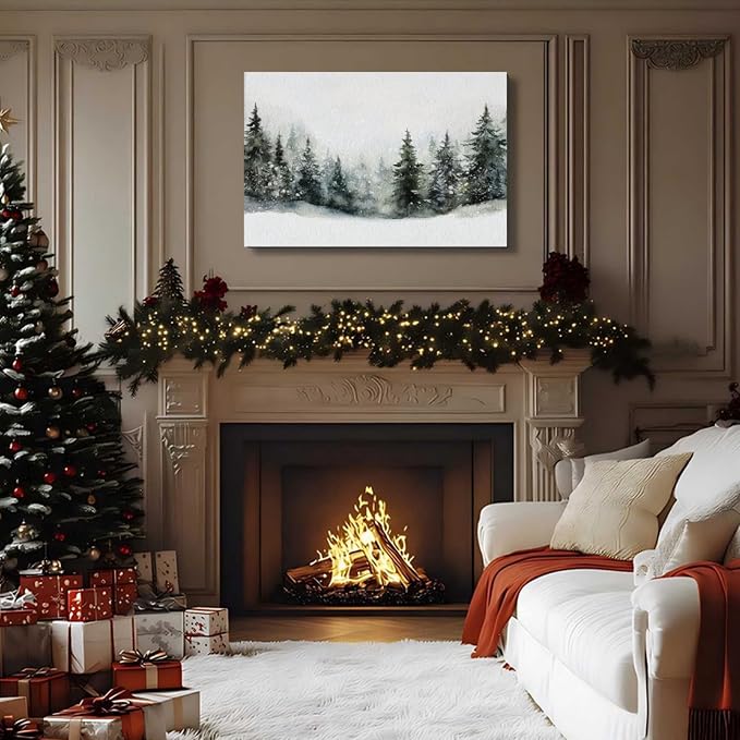Framed Christmas Wall Art 8x12 inch, Pine Tree Artwork Christmas Decoration Indoor, Rustic Landscape Snow Winter Forest Painting Canvas Print Wall Picture for Living Room Decor