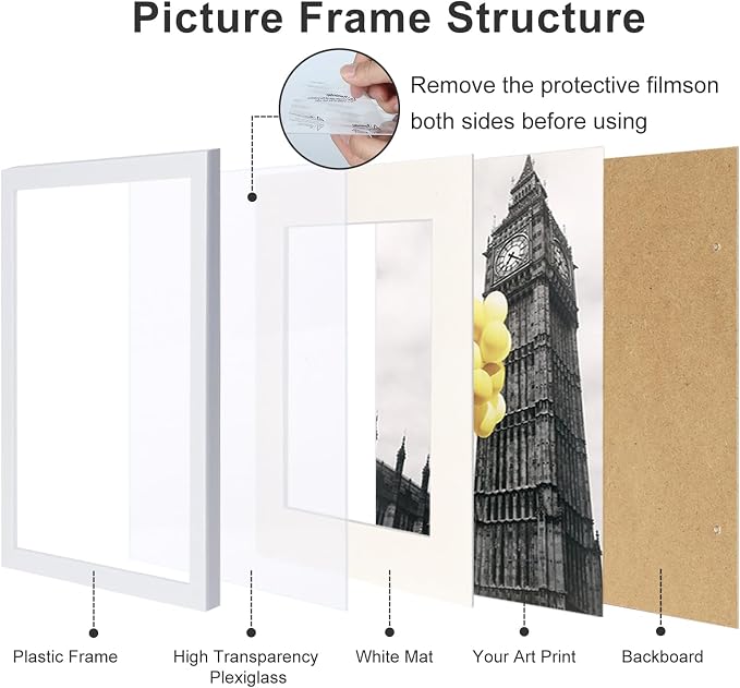 11x14 Picture Frame Set of 9, Display Pictures 8x10 with Mat or 11x14 without Mat, Multi Collage Gallery Square Photo Frames for Wall or Tabletop, White