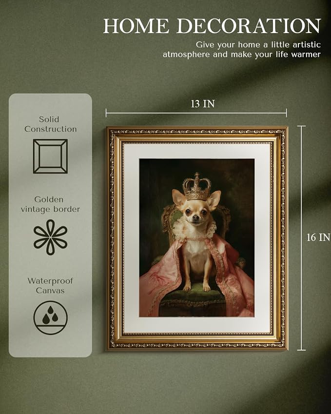 WHASAYART Vintage Gold Framed Royal Dog Portrait Canvas Wall Art | Victorian Style Chihuahua Wall Decor, Classic Pet Living Room Bedroom Home Office Decor, 13x16" Waterproof Canvas Painting