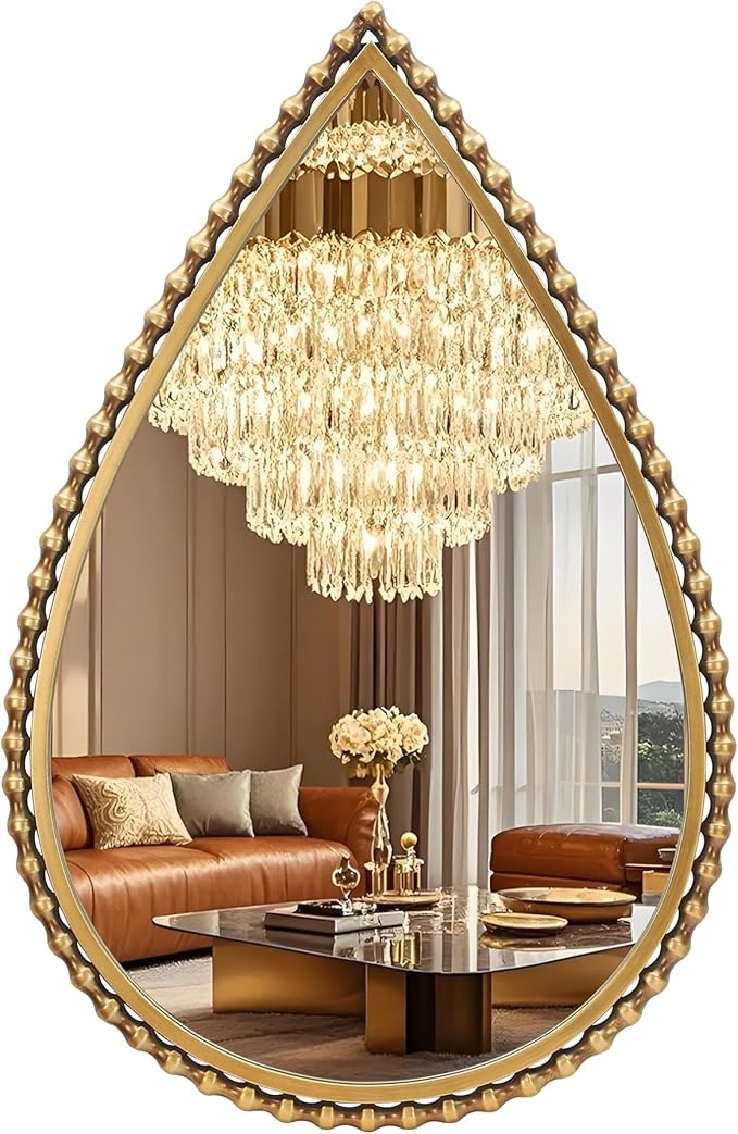 24" x 36" Teardrop Wall Mirror, Antique Gold Bold Beaded Frame | Unique vintage-style ornate decorative mirror for bathroom, bedroom, living room, hallway, entryway, vertical wall hanging.