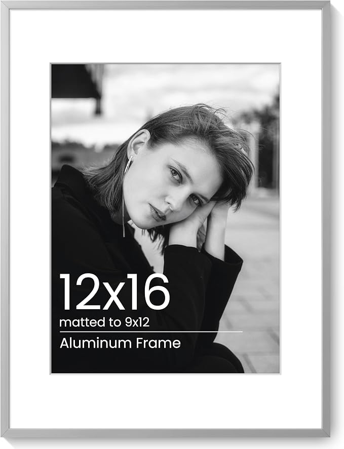 12x16 Picture Frame Silver, Aluminum Metal 12 x 16 Frame with Removable Mat, 12 by 16 Silver Photo Frame Matted to 9x12 Photo, Real Tempered Glass for Home and Office Gallery Wall, 1 Pack