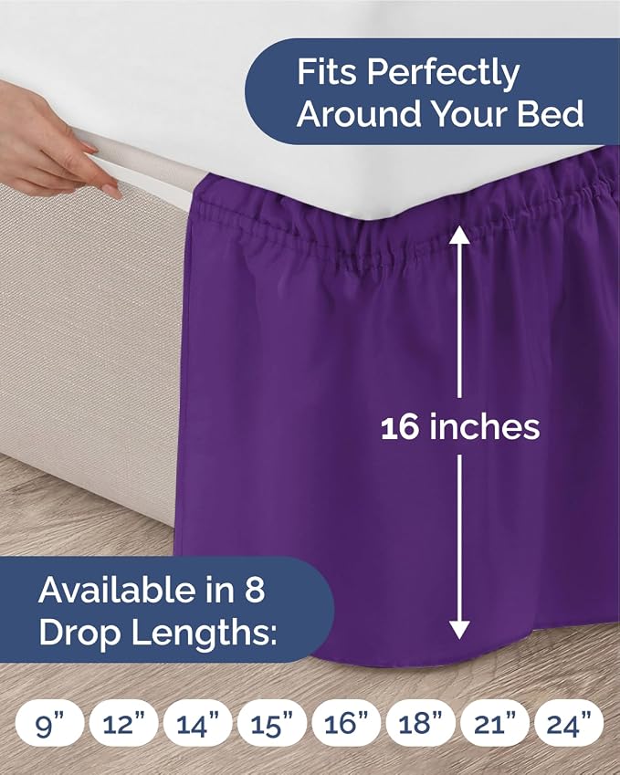 Wrap Around Dust Ruffle Bed Skirt - Purple - for Full Size Beds w/ 16 Inch Drop - Easy Fit Elastic Strap - Adjustable Pleated Bedskirt Brushed Fabric - Wrinkle & Fade Free - Women, Men, Kids & Teens