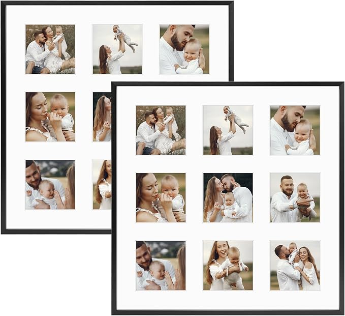 Golden State Art 16x16 Collage Frame w/Mat for 9 4x4 Photos Black 2 Pack