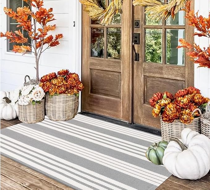 Grey and White Outdoor Rug 3'x 5'Cotton Washable Front Porch Mat Area Rug | Hand-Woven Door Mat Outdoor For Entryway Combined With Hello Welcome Mat