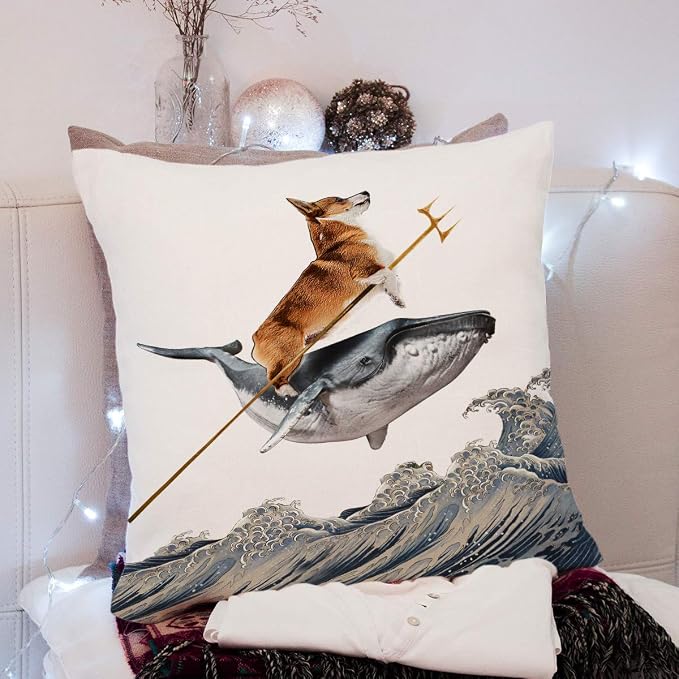 Fokongna Funny Throw Pillow Covers, Whale Corgi Pillowcase Decor, Aquadog The Corgi Rides a Whale Dog Throw White Pillowcase for Bed Sofa Living Room, Indoor and Outdoor use 18 x 18 inches