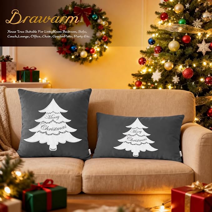 BRAWARM Christmas Pillow Cover 12 X 20 Inches, Gray Christmas Tree Embroidered Lumbar Pillow Cover, Soft Velvet Decorative Throw Pillow for Couch Bed Sofa Living Room Home
