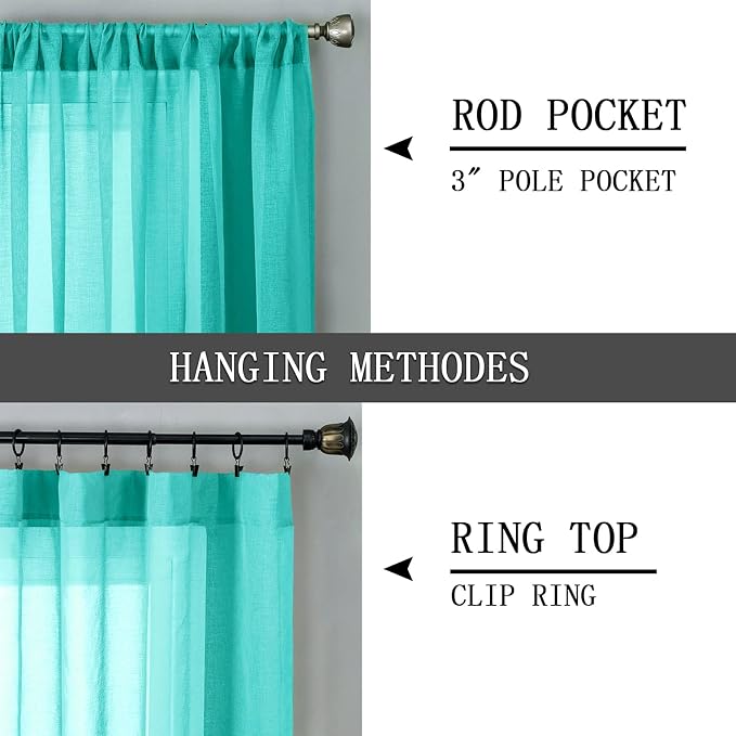 Tollpiz Short Sheer Curtains Linen Textured Bedroom Curtain Sheers Light Filtering Rod Pocket Voile Curtains for Living Room, 54 x 45 inches Long, Aqua Blue, Set of 2 Panels