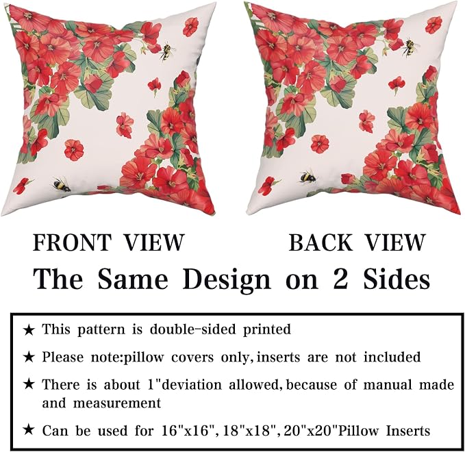 Giwawa 2PCs Geranium Throw Pillow Covers, 16"x16" Spring Summer Red Floral Bees Decorative Cotton Pillow Cases, Watercolor Flower Blossom Square Cushion Cover Sofa Couch Porch Living Room