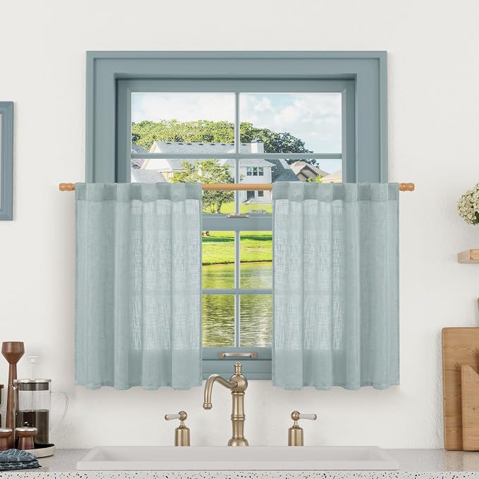 Light Filtering Linen Curtains 24 Inch Length 2 Panels 34 x 24 Inch | Semi Sheer, Small Window Panels, Rod Pocket Back Tab, Neutral Drapes for Bathroom, Kitchen, Loft Room, Greyish Blue