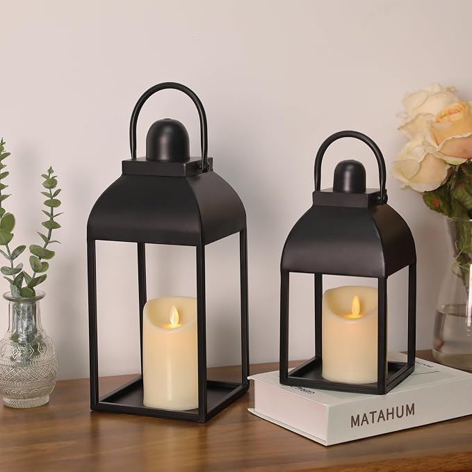 Lanterns Decorative Indoor 15" 11" Set of 2 Black Metal Lantern with Candle | Glass-free Decorative Lanterns with Candles and Remote Control, Outdoor Lanterns for Porch Patio Wedding Mantle Home Decor