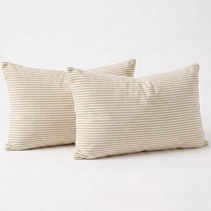 Farmhouse Brown Khaki Striped Lumbar Decorative Pillow Cover 12x20 Set of 2