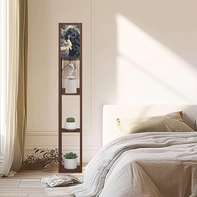 Floor Lamp with Shelves Electric Dragon Crag Gothic Woodcut Illustration Standing Tall Lamp USB Ports & Power Outlet Modern Corner Lamp Nightstand Light for Living Room Bedroom