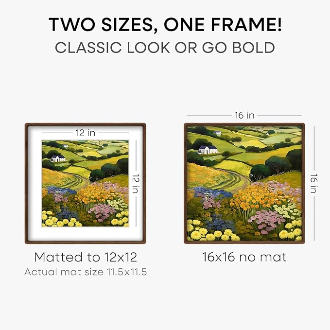 Homeforia 16x16 Mortise&Tenon Walnut Picture Frame, 12x12 Mat, Glass
