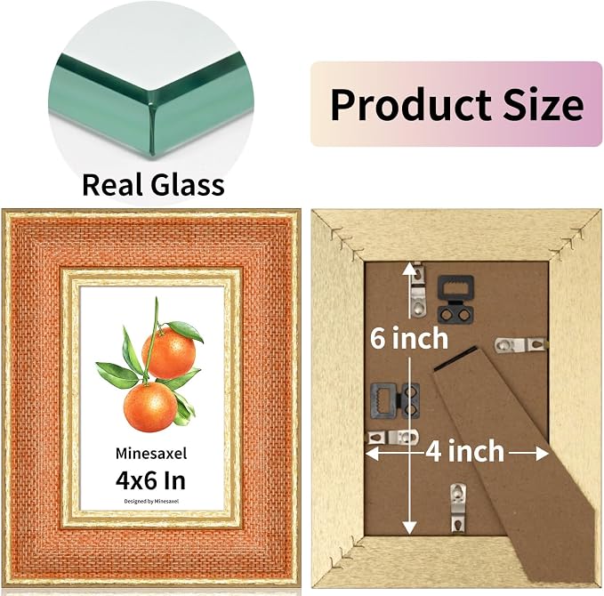4x6 Picture Frame - Orange Fabric & Vintage Gold Border HD Real Glass with Easel for Tabletop/Wall (Family Photos, Farmhouse Decor 1 Pack)