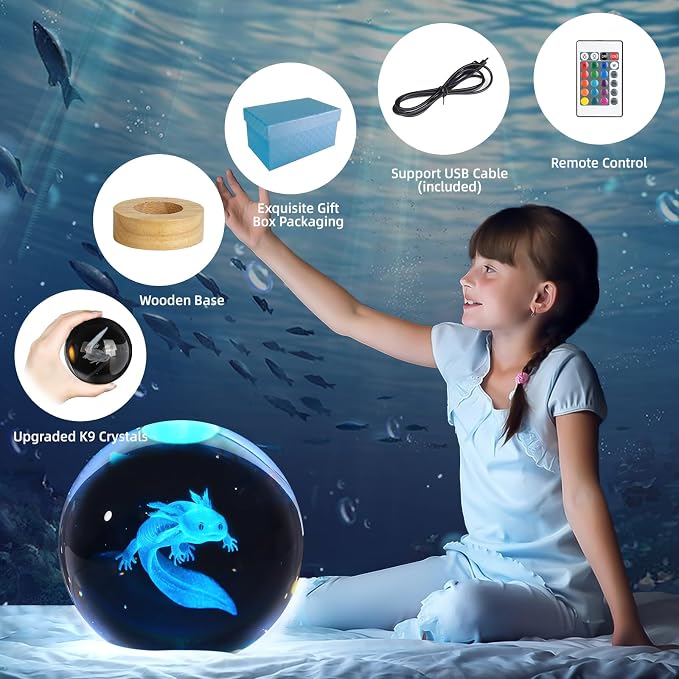 3D Axolotl Crystal Ball Night Light, Upgraded 3.15 Inch Glass Ball Lamp with 16 Color LED Wooden Base, Axolotl Decor Birthday Holiday Christmas Axolotl Gifts for Boys Girls Friends