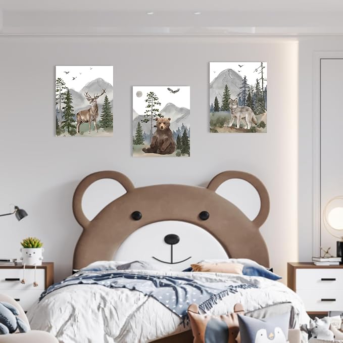 Woodland Nursery Wall Art Decor: Forest Themed Animal Wall Art Prints Canvas Posters Nursery Decor for Boys Girls Room,Wildlife Deer Bear Wolf Pictures for Bedroom Wall Decor,12x15 Inch,Set of 3