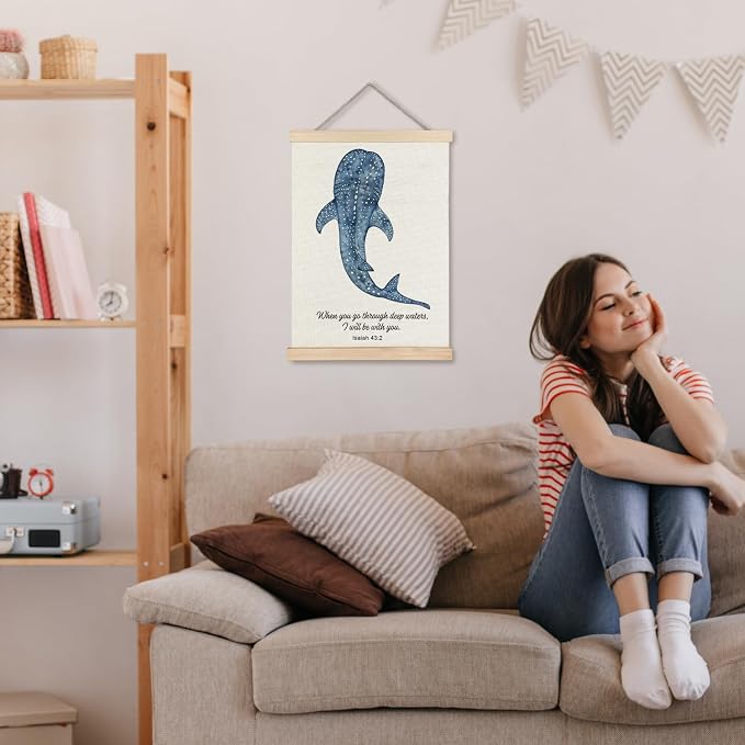JINYO Whale Shark Christian Wall Art Poster, Bible Verses Wall Decor, Isaiah 43:2 Bible Scripture Canvas Prints Wall Decor for Bedroom Living Room Home Office Church, 16x24 Inches