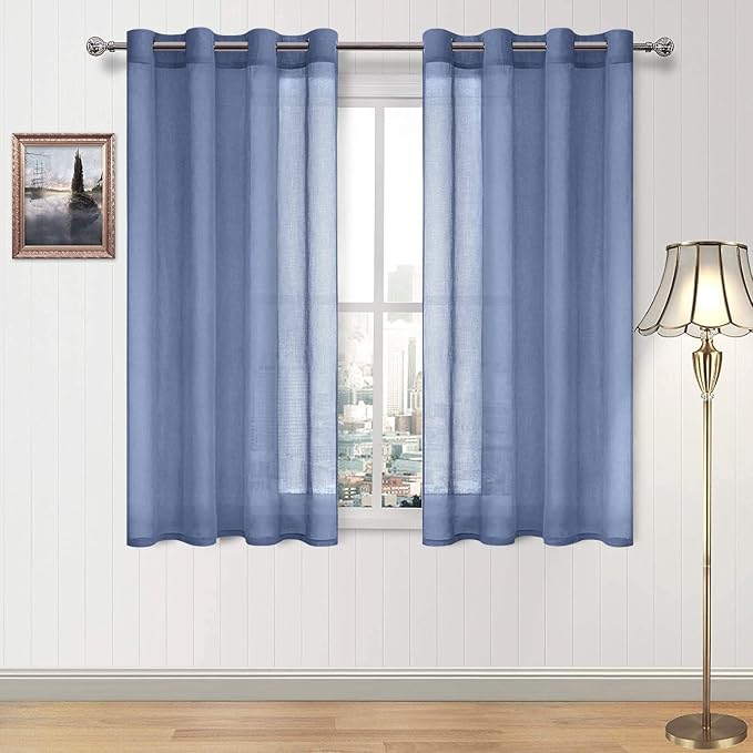 DWCN Sheer Curtains for Living Room Bedroom - Faux Linen Look Voile Drapes Grommet Top Window Curtain Panel 52 x 54 Inches Long, Dusty Blue, Set of 2 Panels