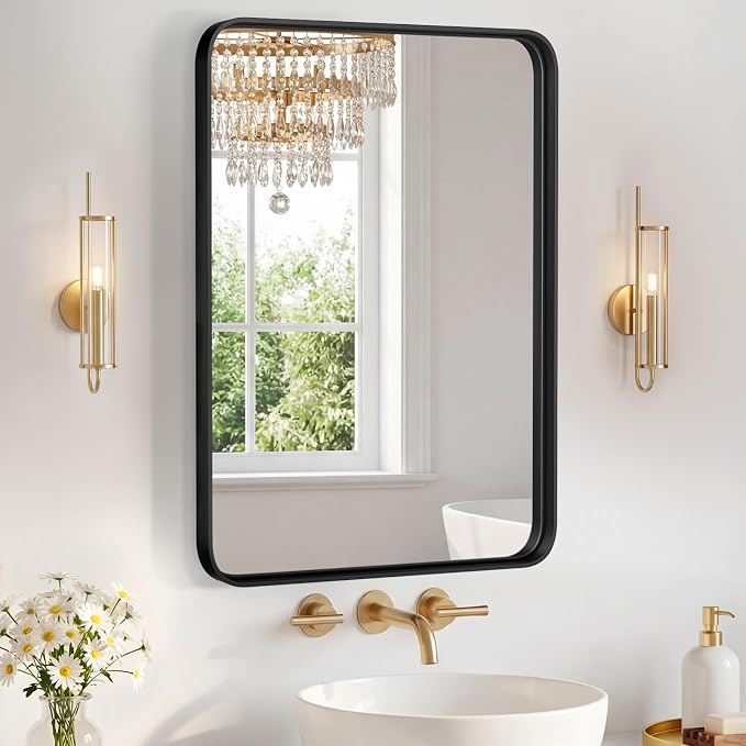 Sweetcrispy Bathroom Mirror 30.5x22.5 Inch, Vanity Mirror for Wall | Metal Framed Rounded Rectangle, Over Sink, Farmhouse, Restroom, Anti-Rust, Horizontal or Vertical Hanging, Black